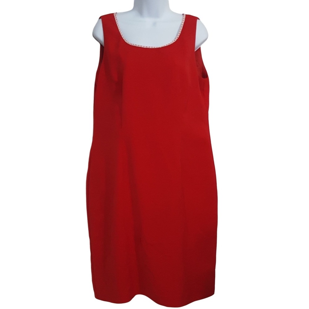 Vintage Womens Sheath Dress Sleeveless 14 Below Knee Red White Trim